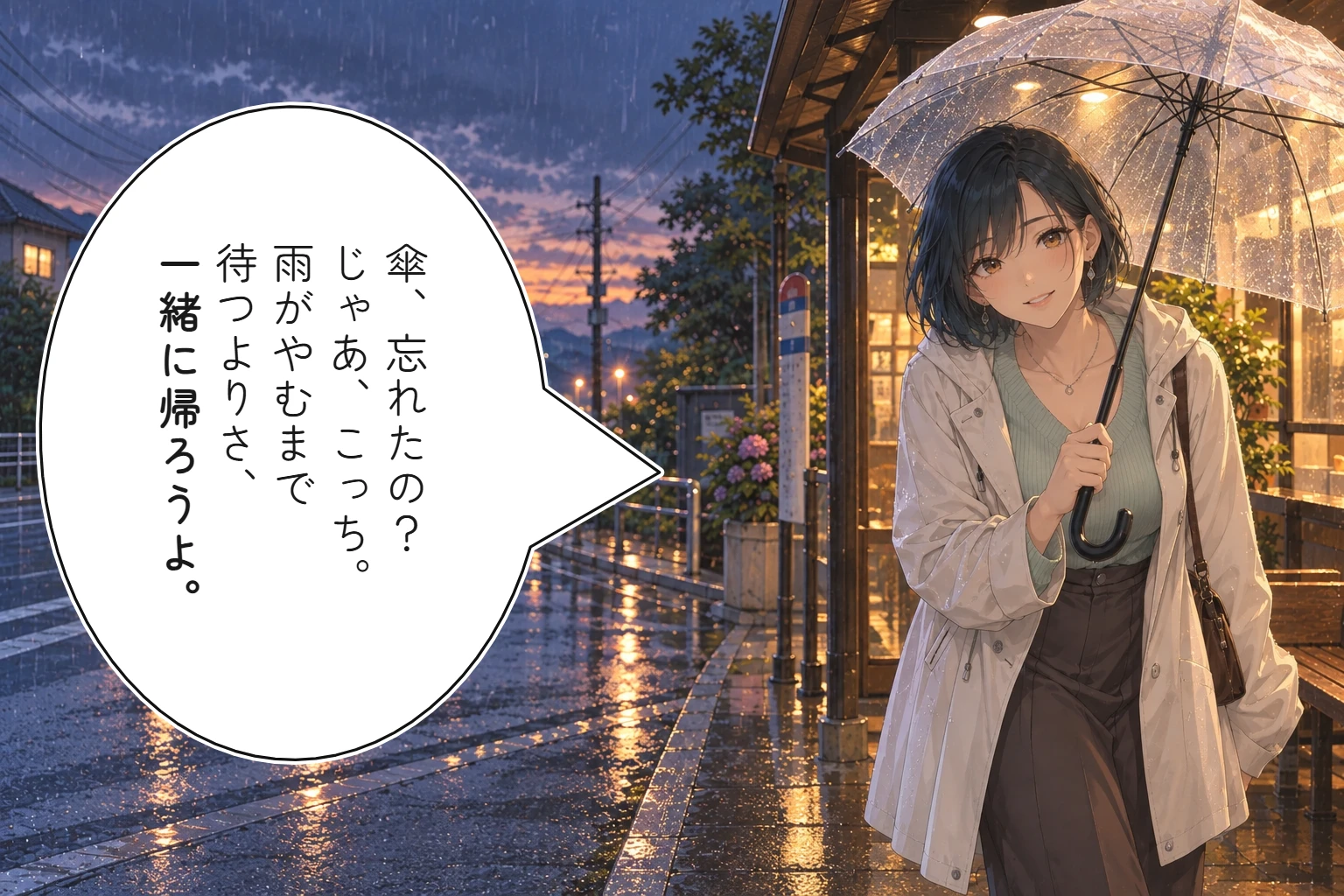 雨の帰り道のAIイラストに、相合い傘へ誘う長めのセリフを大きな吹き出しで追加した使用例
