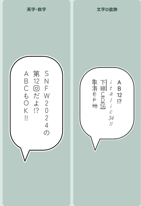 英字を1文字ずつ正立させた縦書きと、太字・斜体・下線を使った吹き出しの実際の出力例